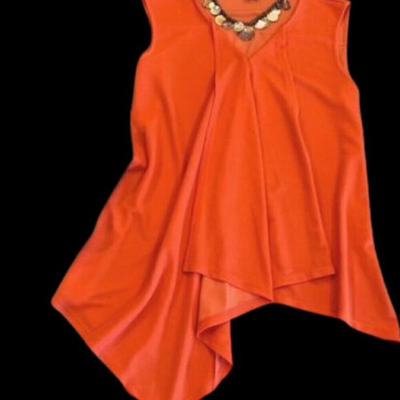 Essentials by Milano V neck sleeveless asymmetrical tangerine crepe top Sz 14 - Picture 2 of 6